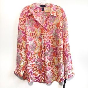 Chaps Floral Sheer Collared Button Down Top